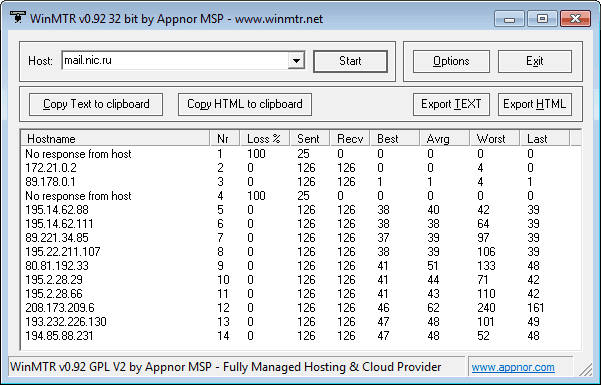 Диагностика сети с помощью WinMTR